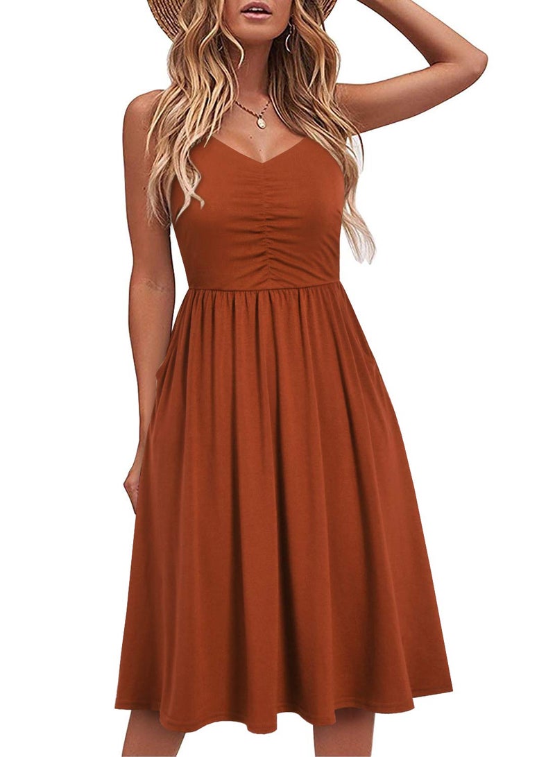 YATHON 2025 Casual Dresses for Women Sleeveless Cotton Summer Beach Dress A Line Spaghetti Strap Sundresses with Pockets (S, YT090-Brown) - Image 1